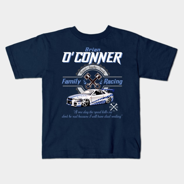 Brian O'Conner Family Racing Fast and Furious Tribute Kids T-Shirt by Alema Art
